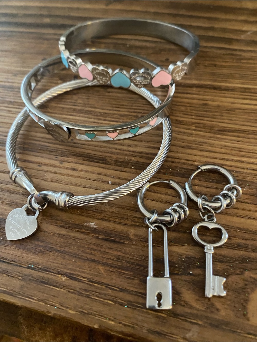 Silver Heart Bangle Set with Pink & Aqua Hearts With Lock and Key Earrings